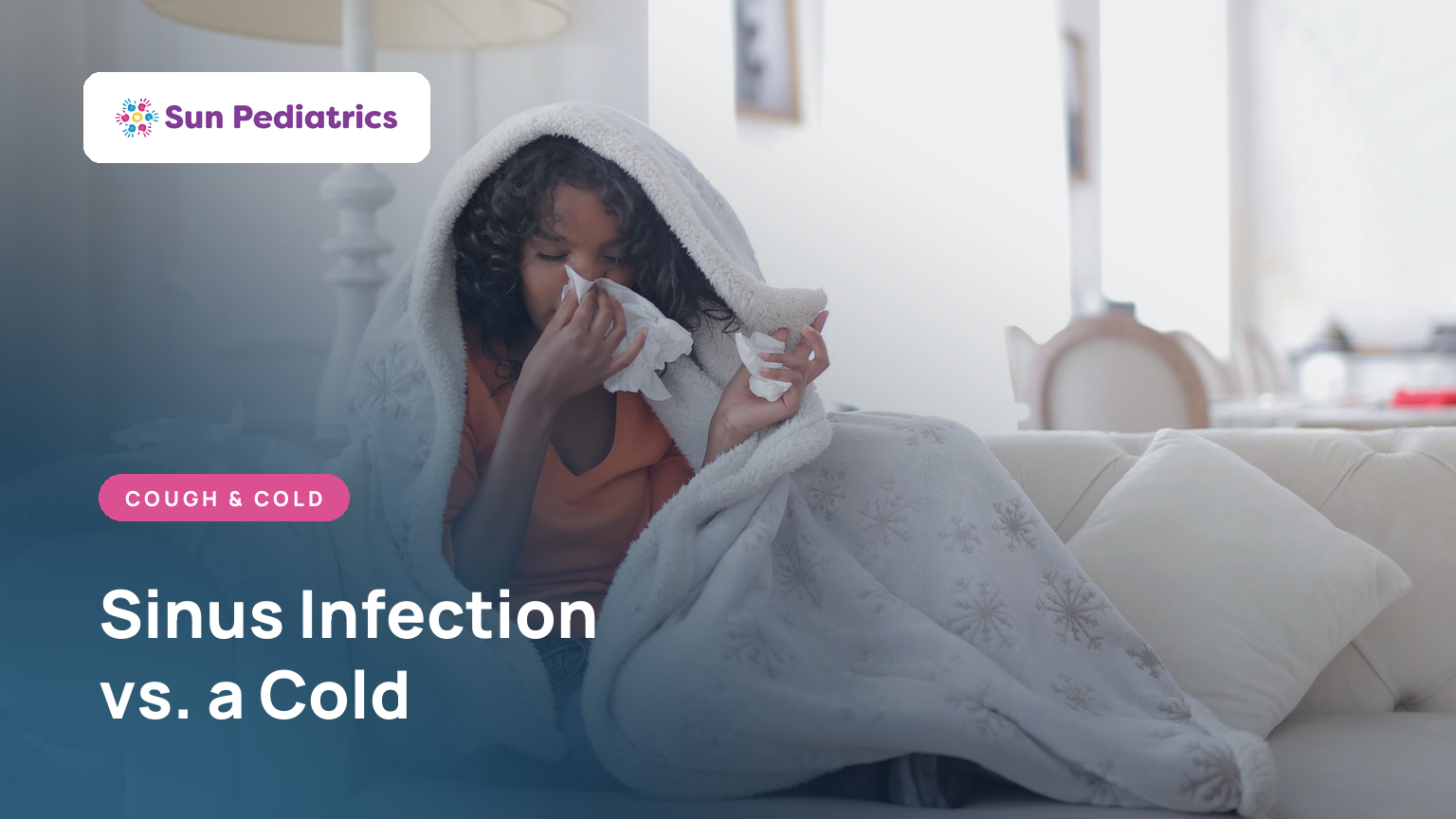 Child with a stuffy nose blowing into a tissue, how to tell a sinus infection from a common cold in kids